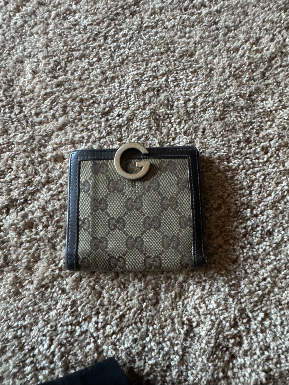 Gucci Beige GG Canvas Compact Wallet with Brown Trim and Gold G